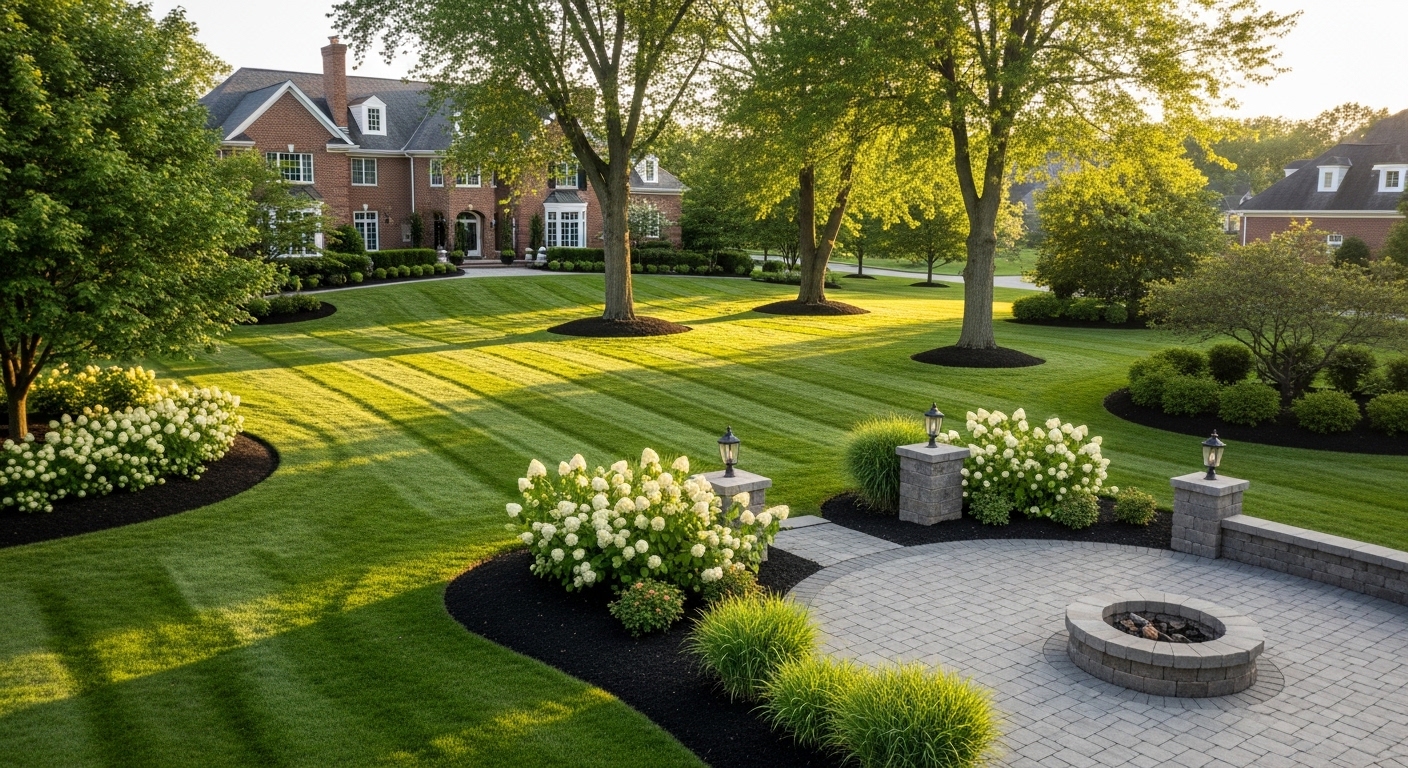 Estate property with paver patio and manicured lawn
