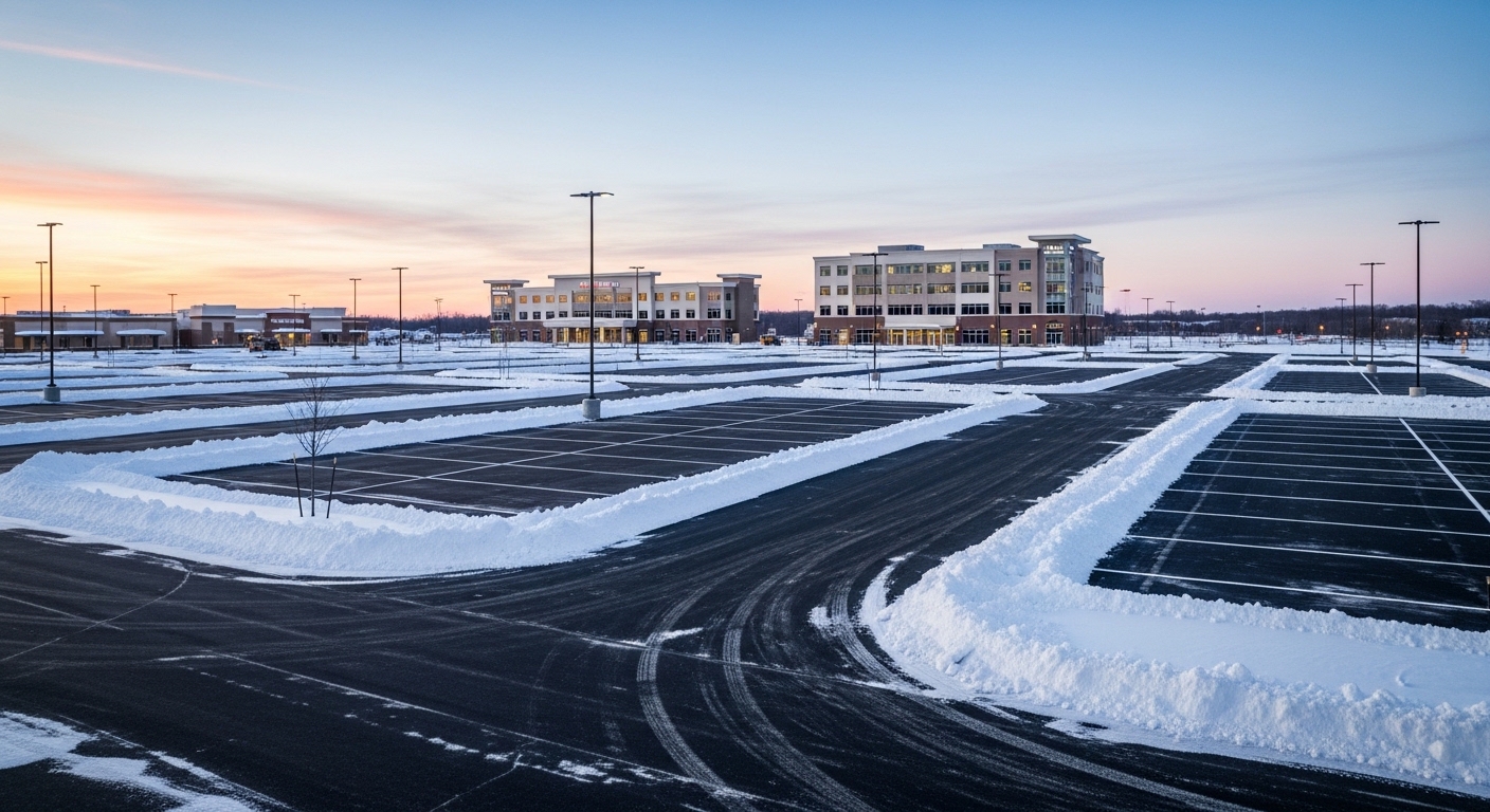 Cleared commercial parking lot after Michigan snowfall at dawn