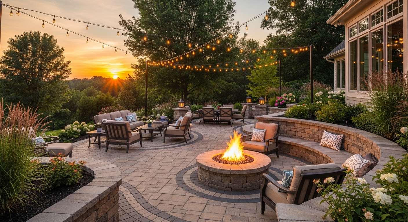 Custom paver patio with stone fire pit at dusk