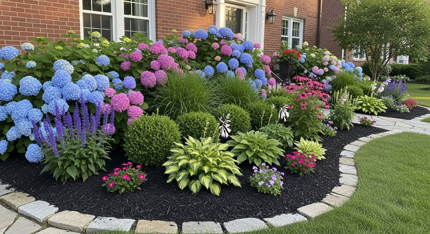 Layered garden bed with hydrangeas and ornamental grasses