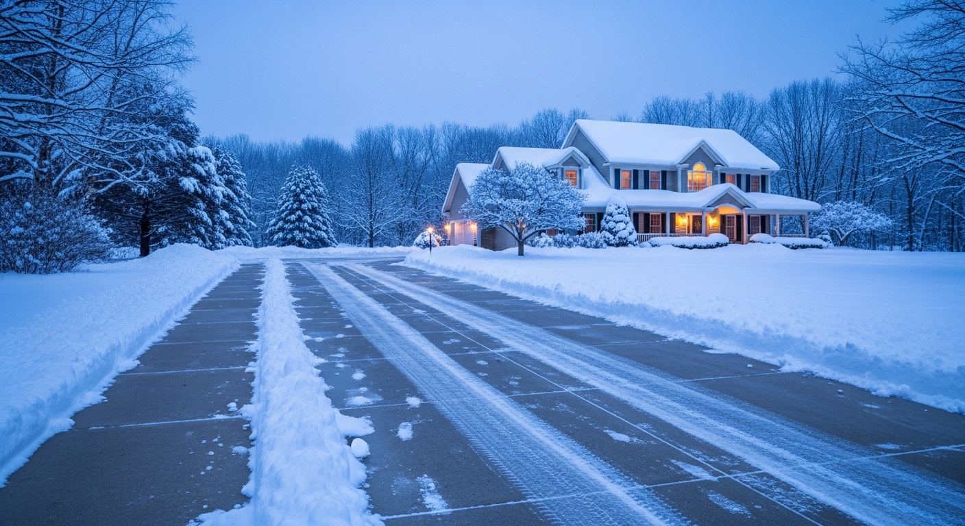 Cleared driveway after Michigan snowfall at dawn